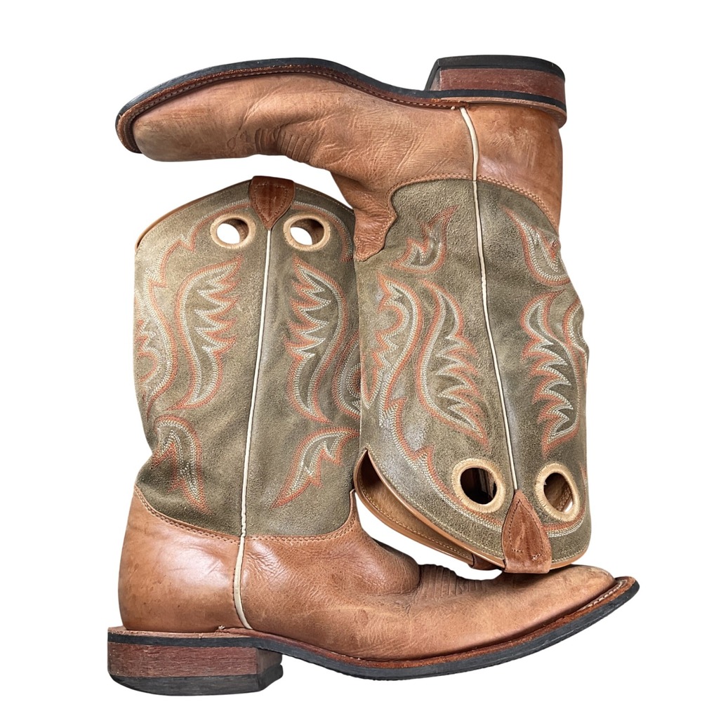 Justin Bent Rail Cowboy Boots Mens 10.5 D Tan Green Handcrafted USA Square Toe